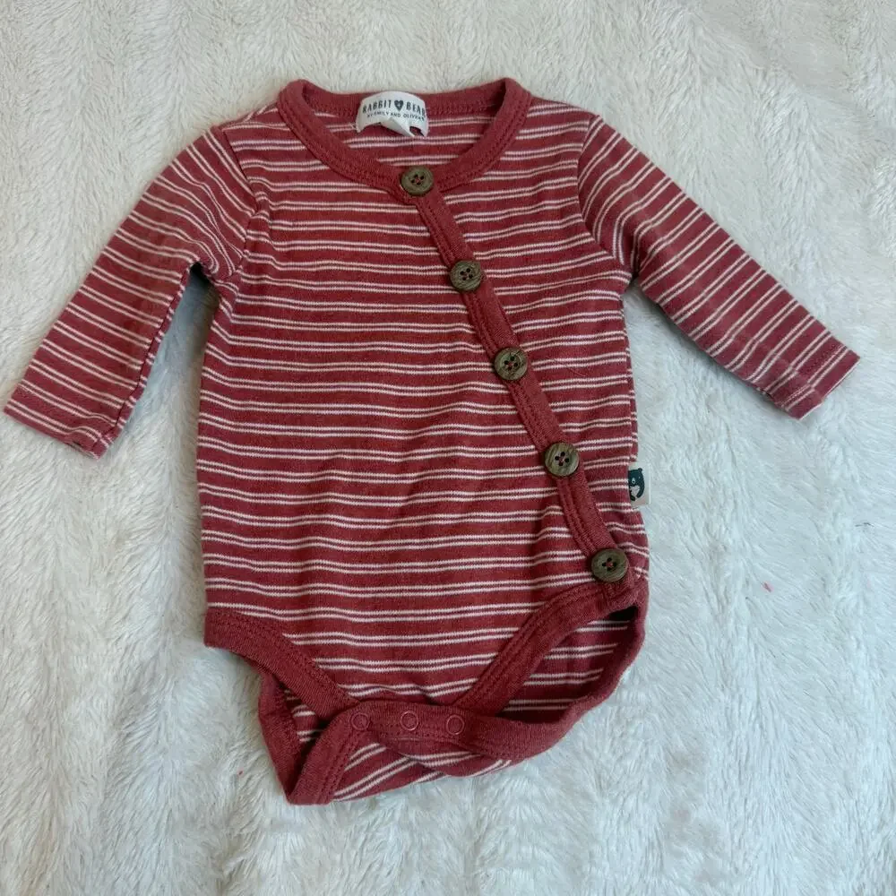 Rabbit Bear Stripe Bodysuit Onesie Wood Buttons Romper 0-3 Months Baby Boy